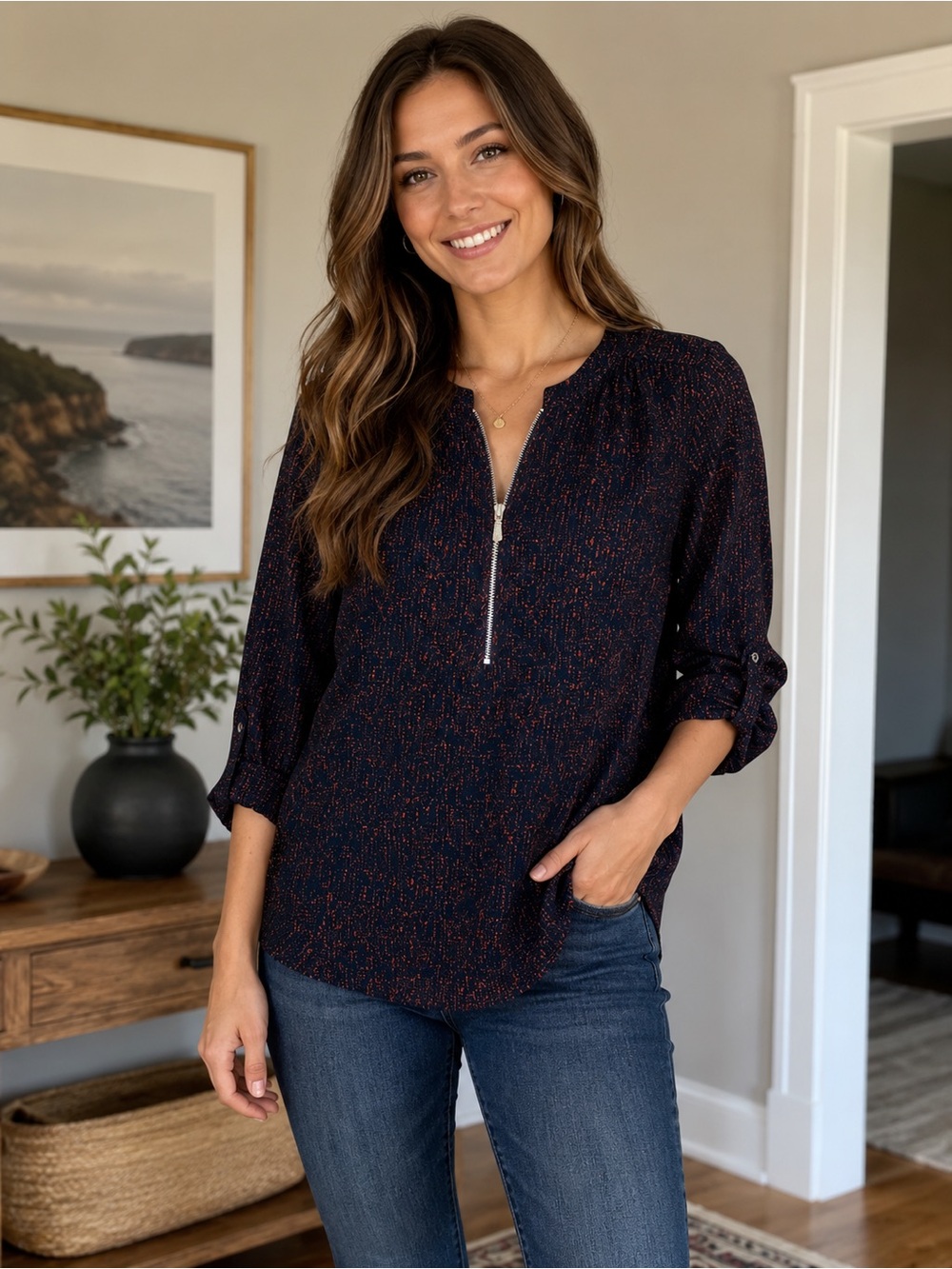 DYNAMITE Navy Speckle Zip-Front Women's Blouse size medium
